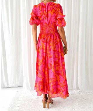 Stijlvolle Dames Bloemen Maxi Jurk – Puffmouwen, V-Hals, Vloeiende Pasvorm