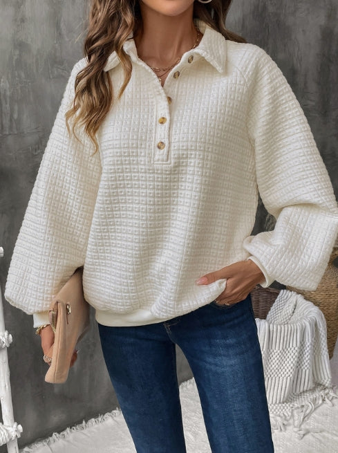 Dames sweatshirt – Oversized pasvorm – Grid breisel – Halve knoopsluiting – Casual stijl