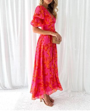 Stijlvolle Dames Bloemen Maxi Jurk – Puffmouwen, V-Hals, Vloeiende Pasvorm