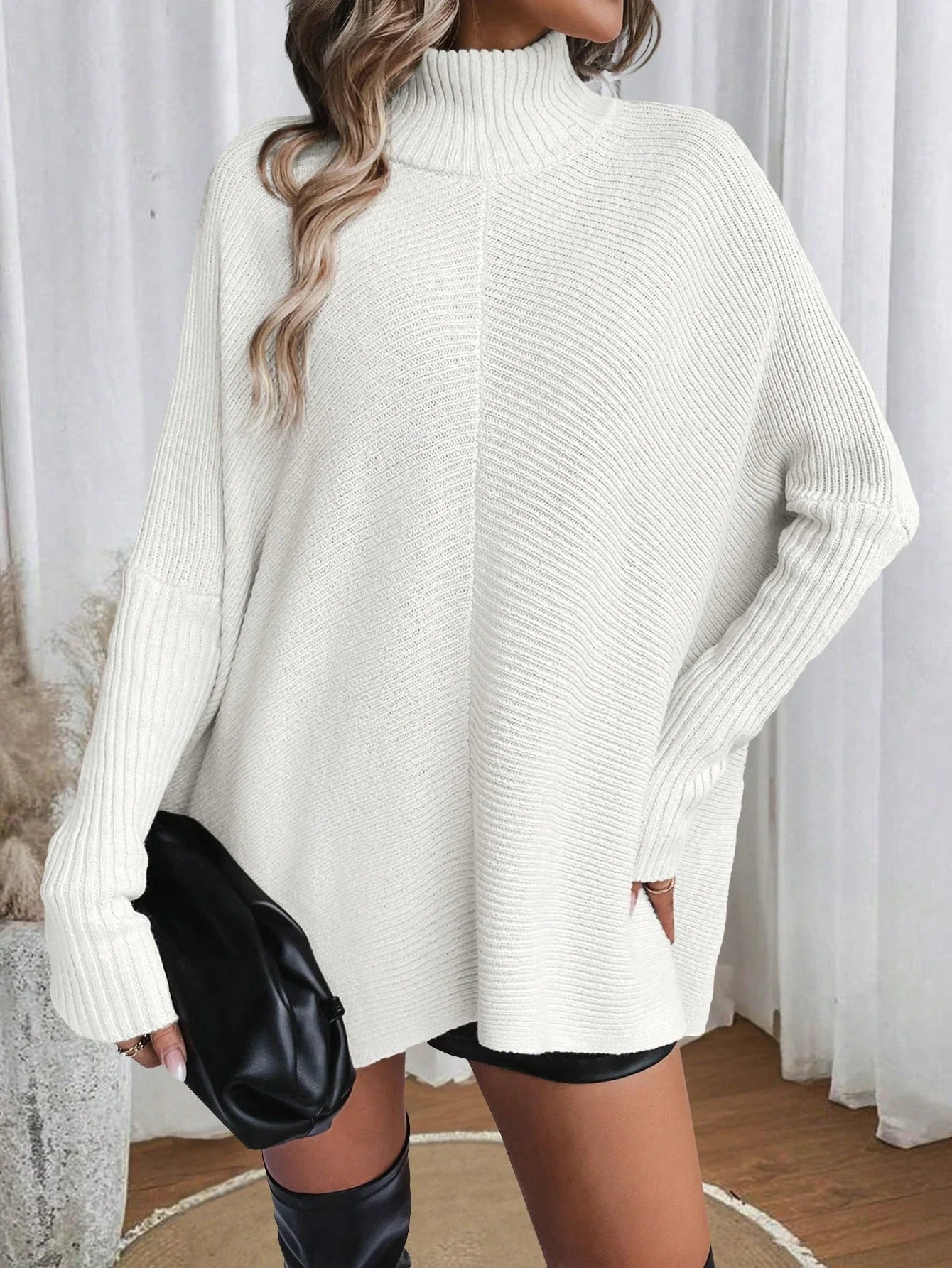 Dames Trui – Oversized Pasvorm – Colkraag – Geribde Gebreide Stof – Tuniek Lengte