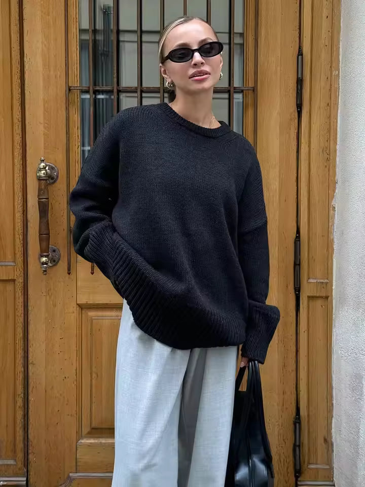 Dames Trui – Oversized Pasvorm – Gebreid Wol – Wijde Ronde Hals – Geribde Boorden