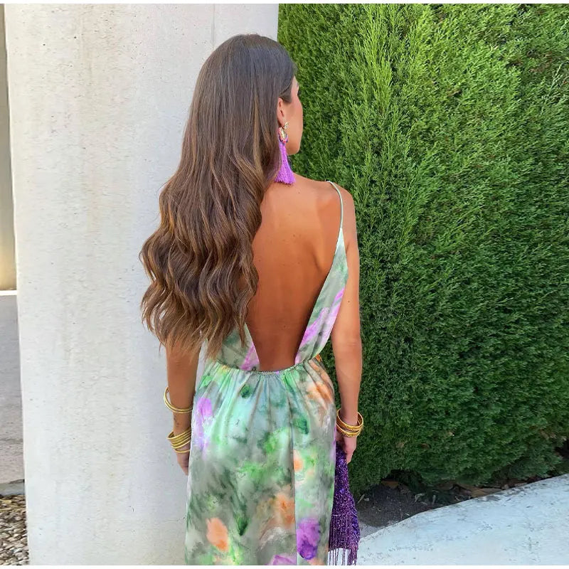Elegante Maxi Jurk met Tie-Dye Print en Losse Sjaal