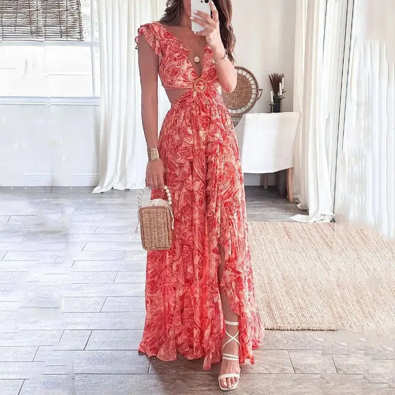 Chique V-Hals Maxi Jurk met Bloemenprint