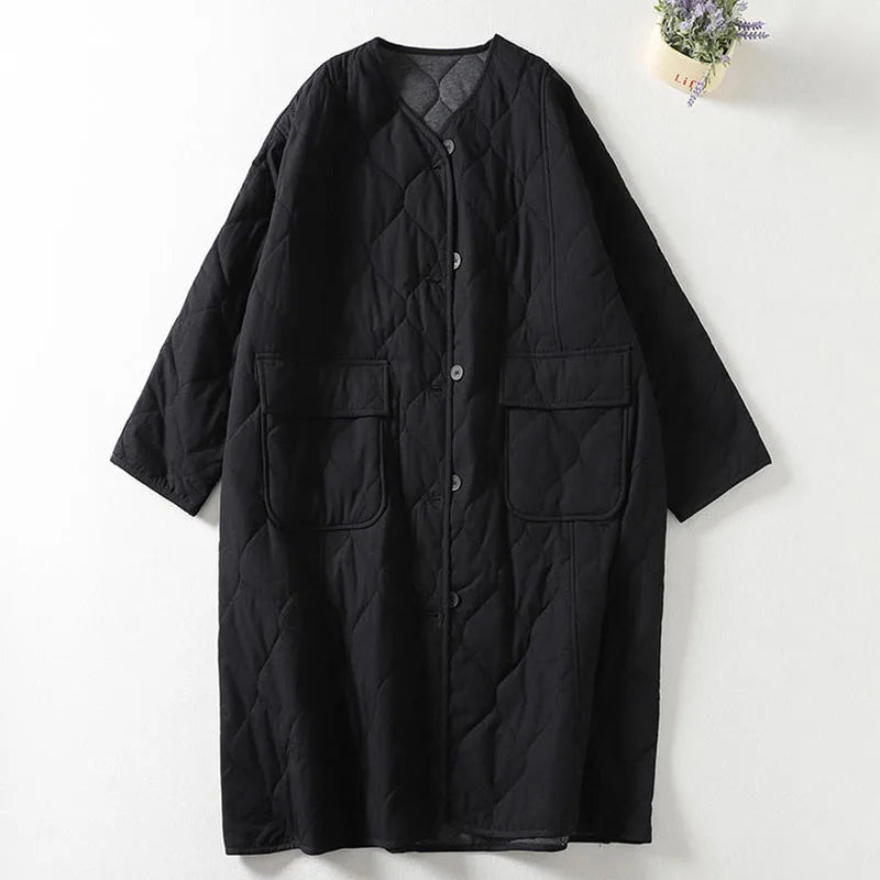 Ladies Coat – Quilted – Oversized Fit – Long Model – Collarless V-neck – Patch Pockets