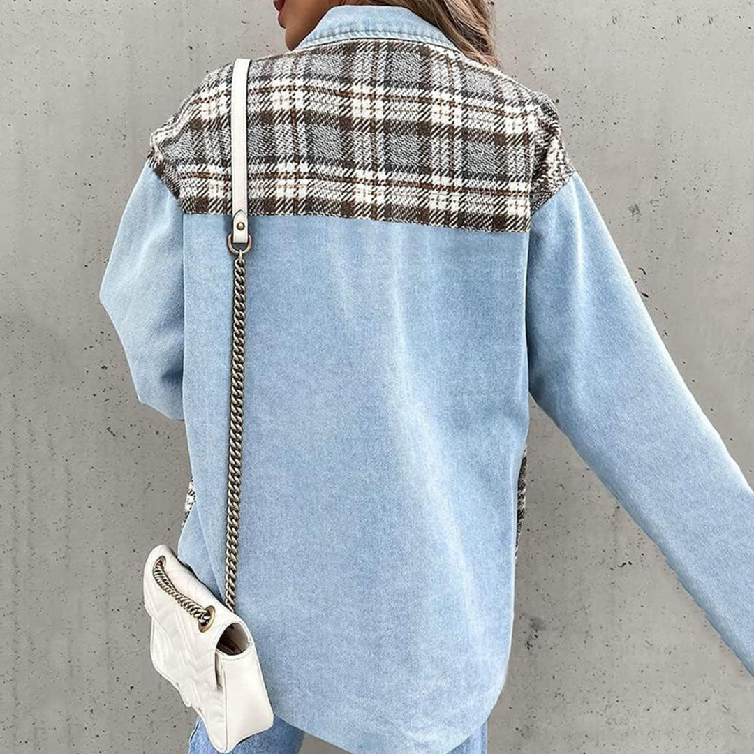 Dames Casual Jack – Relaxte pasvorm – Ademend Katoenmix – Geruit Patchwork – Knoopsluiting
