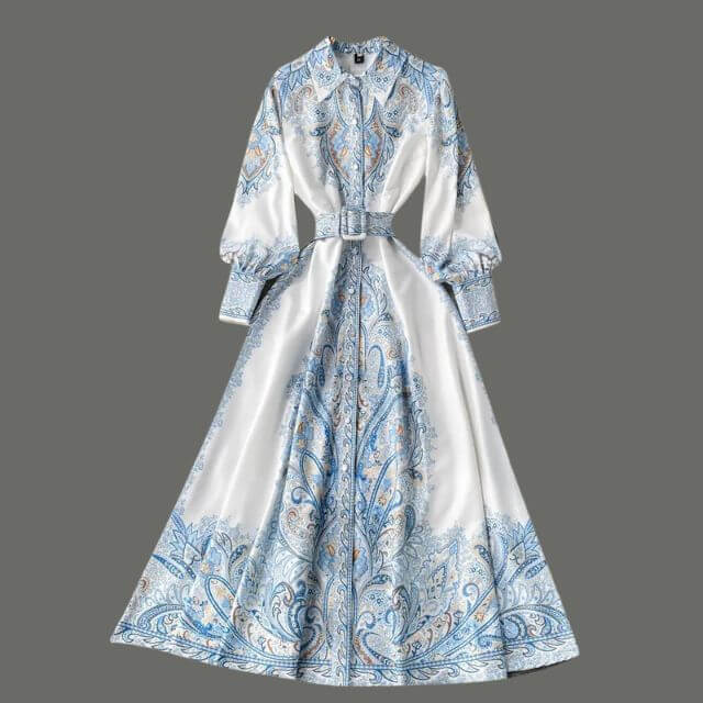 Elegante Dames A-Lijn Maxi Jurk met Paisley Patroon en Geknoopte Taille