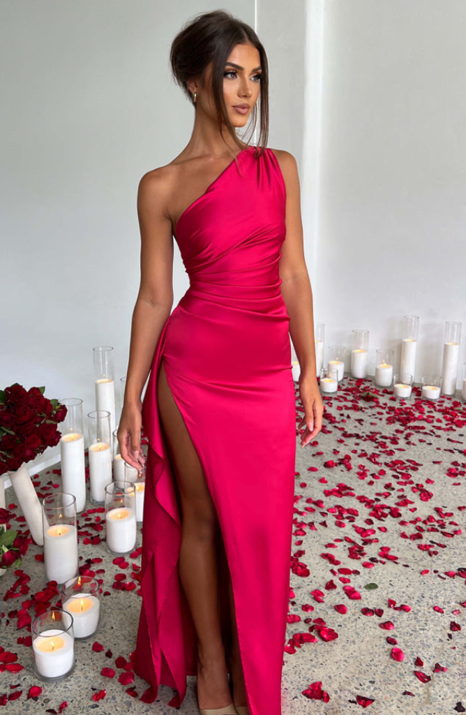 Dames Maxi Jurk – Satijn – One Shoulder – Getailleerd – Hoge Split – Elegant
