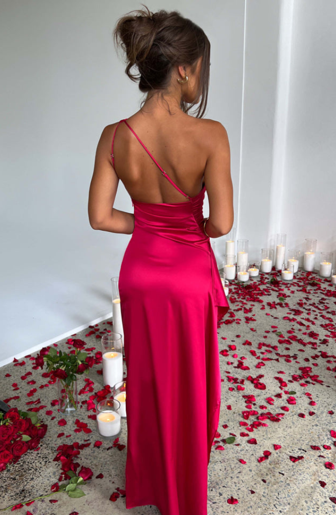 Dames Maxi Jurk – Satijn – One Shoulder – Getailleerd – Hoge Split – Elegant
