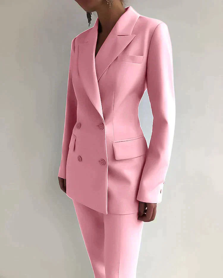 Elegante Dames Blazer en Broek Set – Tweedelige Knopen en Getailleerde Pasvorm