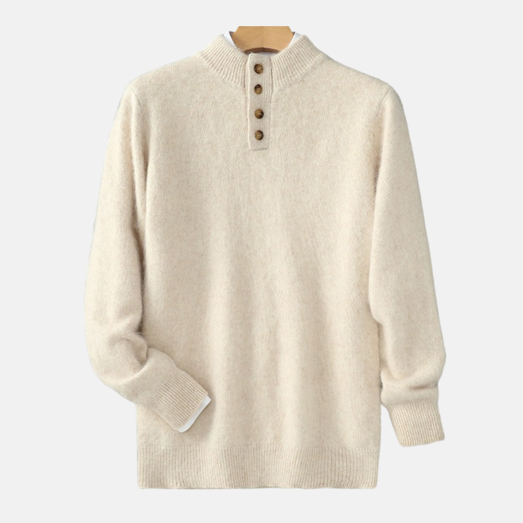 Men's Sweater - Fine Knit - Regular Fit - Stand-up Collar With Buttons