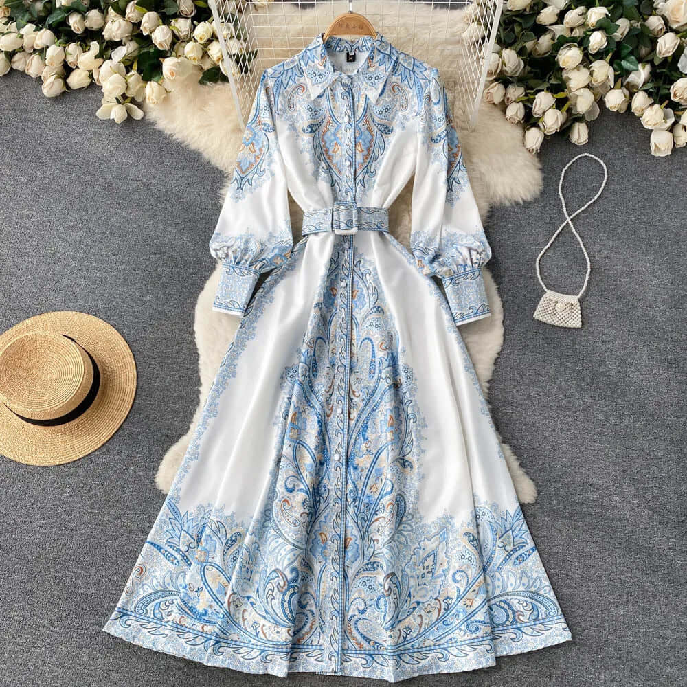 Elegante Dames A-Lijn Maxi Jurk met Paisley Patroon en Geknoopte Taille