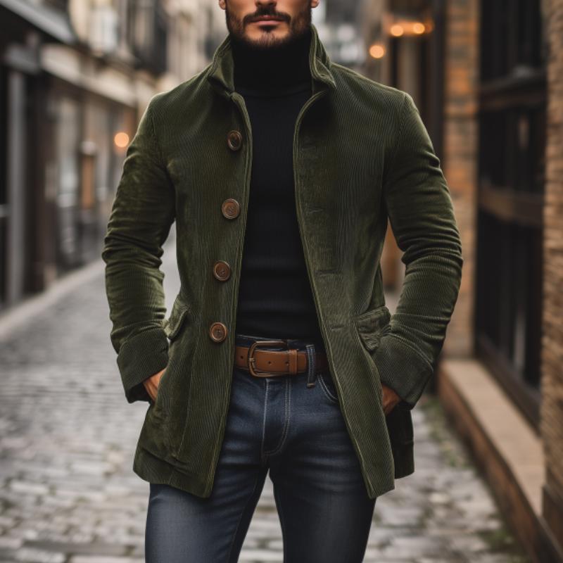 Heren Corduroy Jas – Getailleerde Pasvorm – Hoge Kraag – Ribbelstructuur – Knoopsluiting