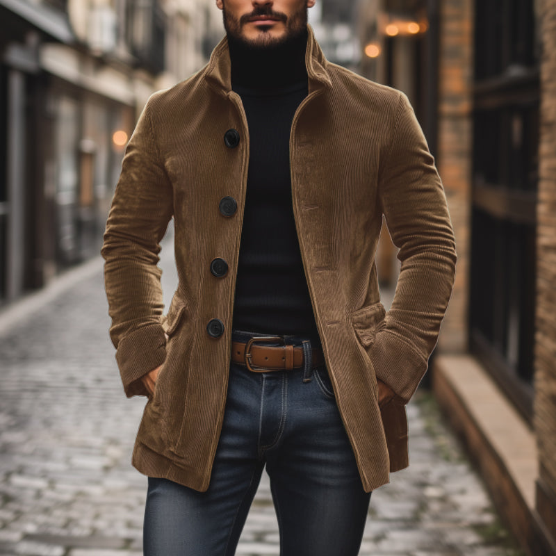 Heren Corduroy Jas – Getailleerde Pasvorm – Hoge Kraag – Ribbelstructuur – Knoopsluiting