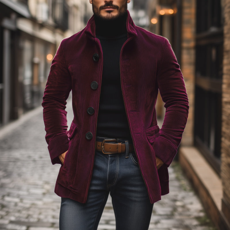 Heren Corduroy Jas – Getailleerde Pasvorm – Hoge Kraag – Ribbelstructuur – Knoopsluiting
