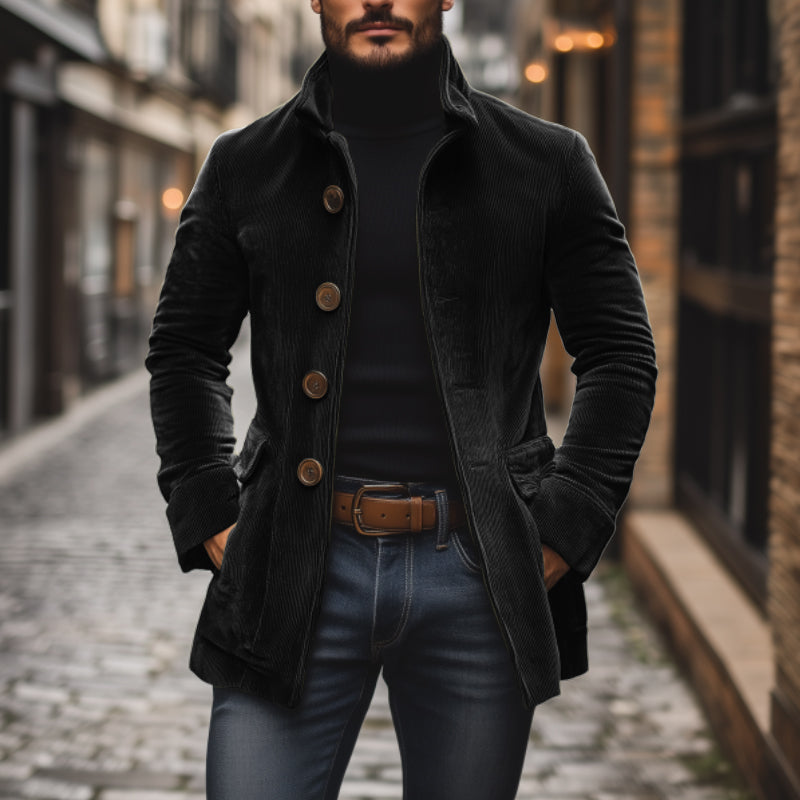 Heren Corduroy Jas – Getailleerde Pasvorm – Hoge Kraag – Ribbelstructuur – Knoopsluiting