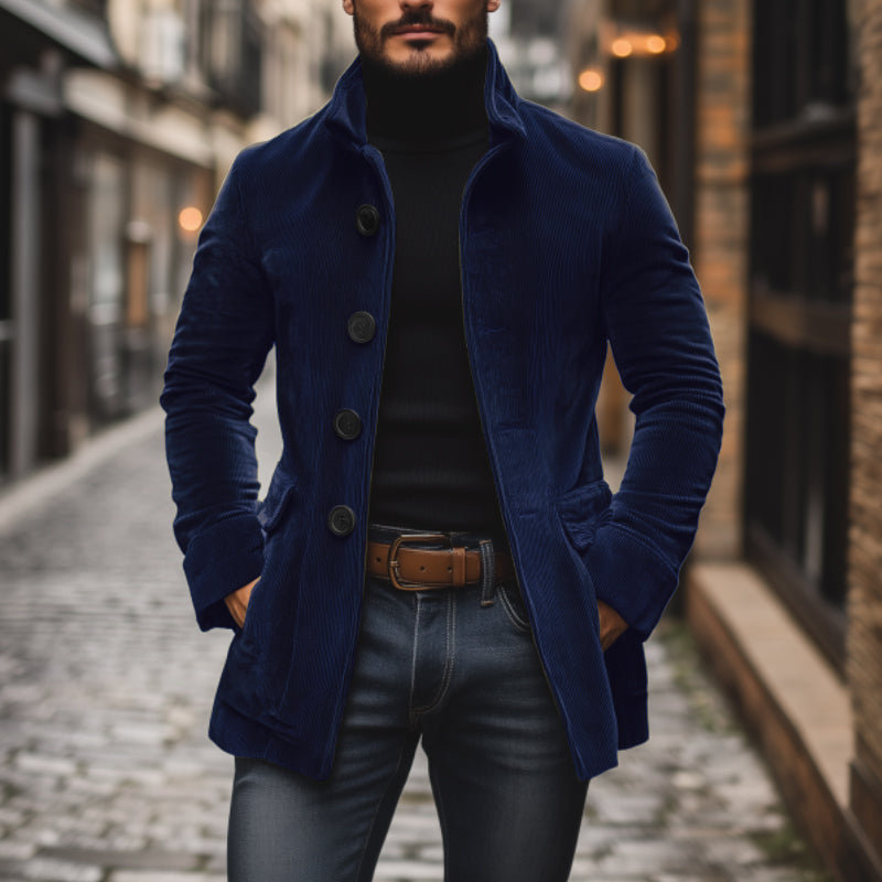 Heren Corduroy Jas – Getailleerde Pasvorm – Hoge Kraag – Ribbelstructuur – Knoopsluiting