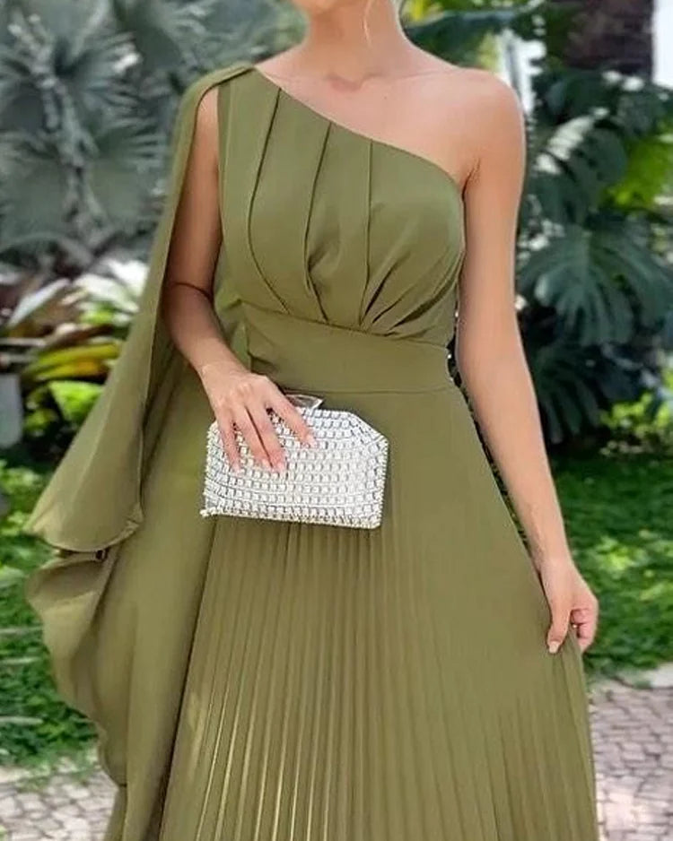 Stijlvolle One-Shoulder Geplisseerde Maxi Jurk