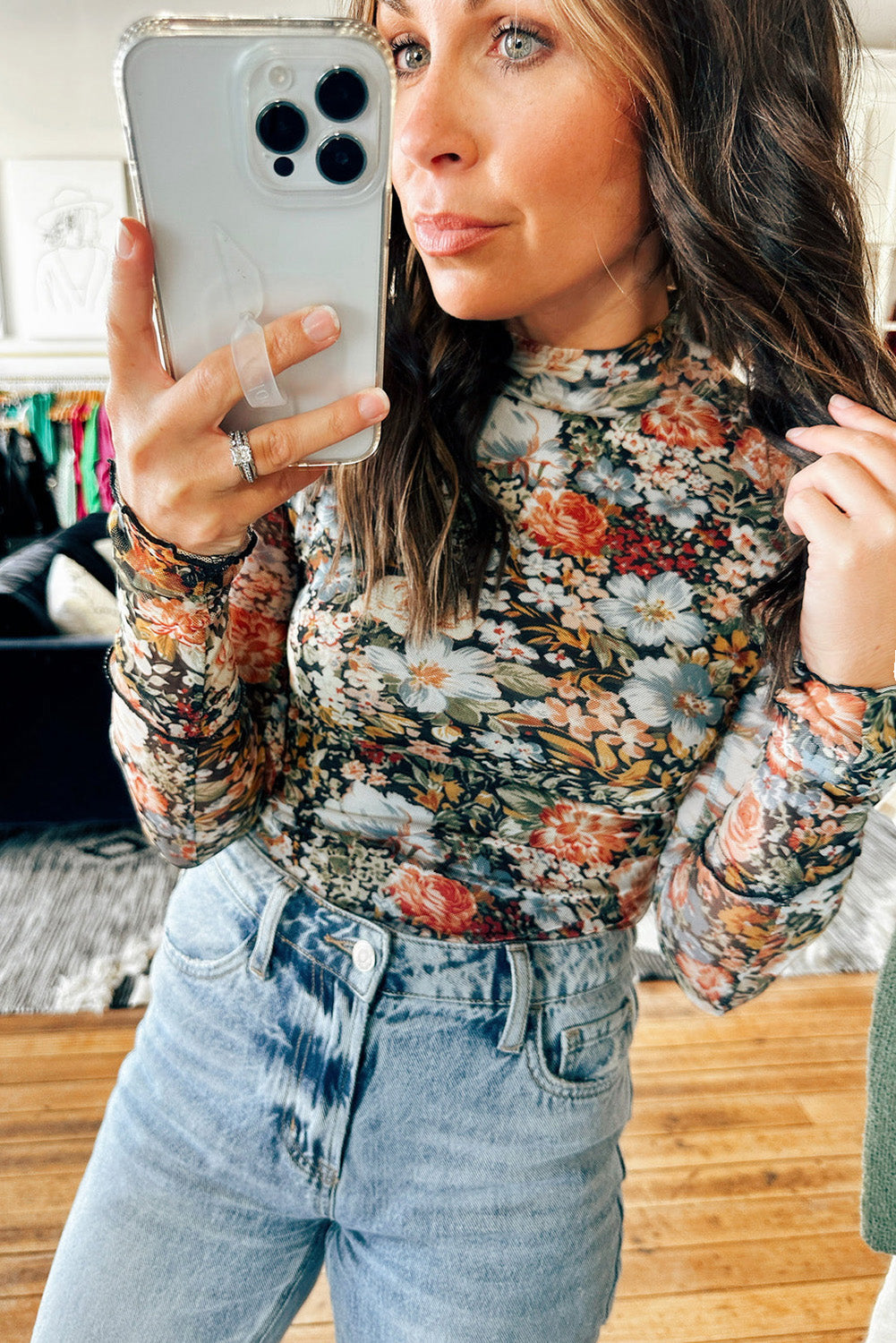 Chique bloemen mesh top in bruin met lange mouwen voor dames