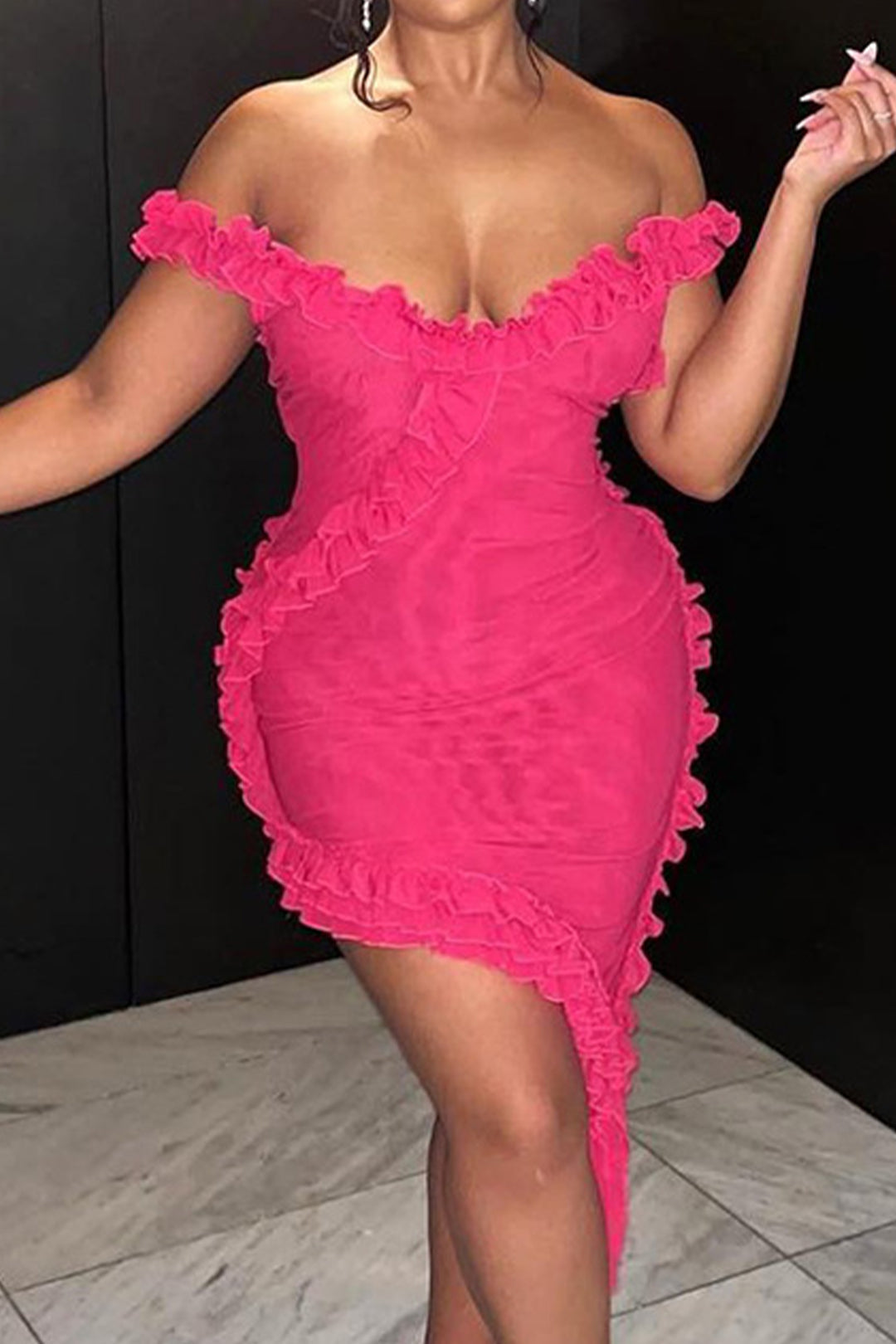 Mesh Ruffle Backless Mini Jurk