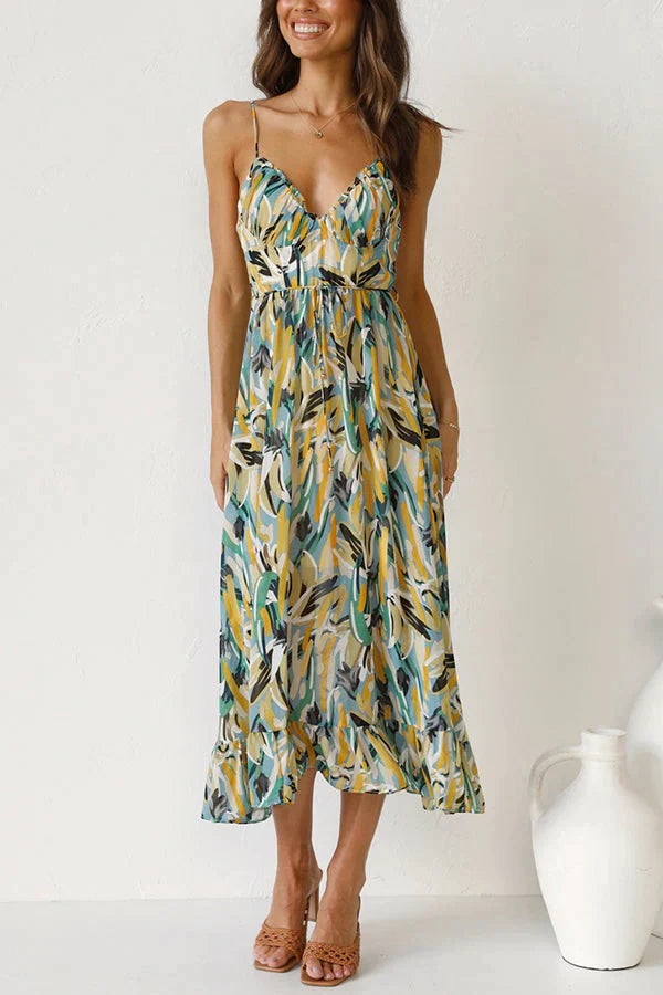 Dames Midi Jurk – Luchtig Chiffon – Losvallend Model – V-Hals met Print