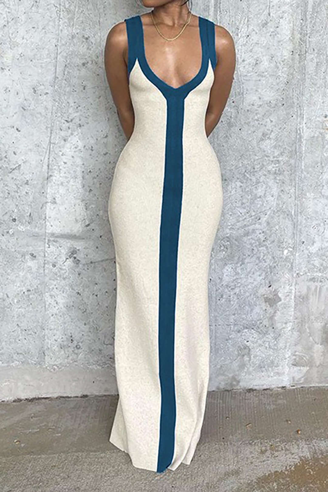 Colorblock Maxi Jurk met V-hals en Split