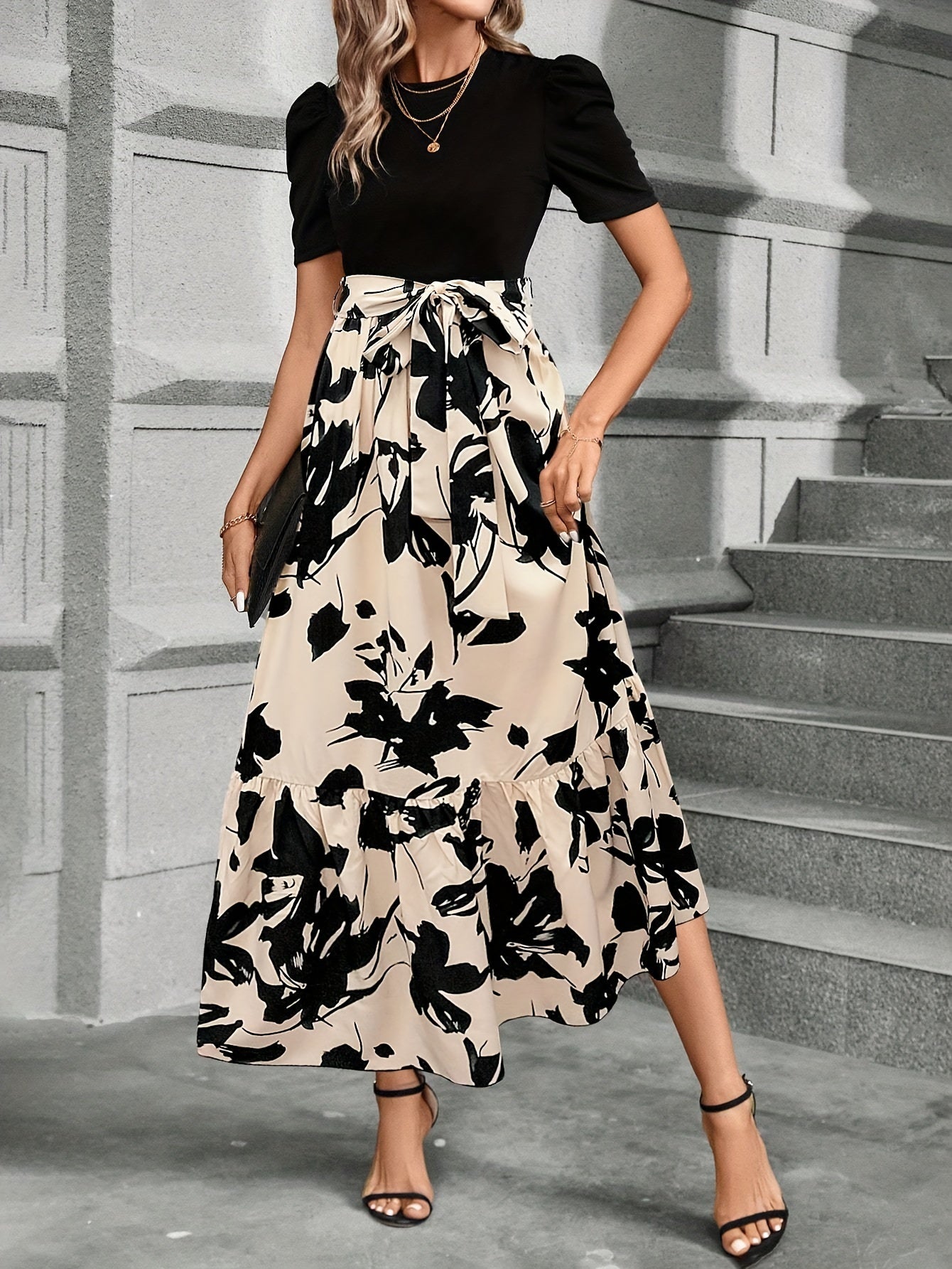 Bloemenprint Maxi-jurk met Hoge Taille en Ruches voor Dames
