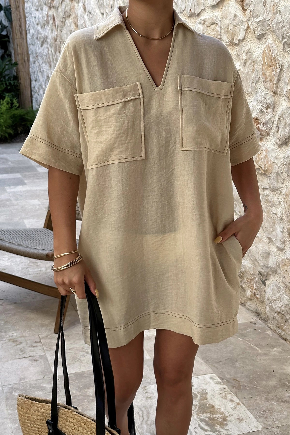 Beige Tilda Linnen Overhemdjurk