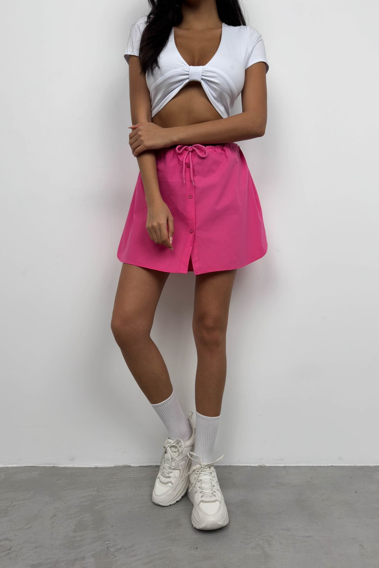 Fuchsia Mini Rok met Elastische Taille en Knopen