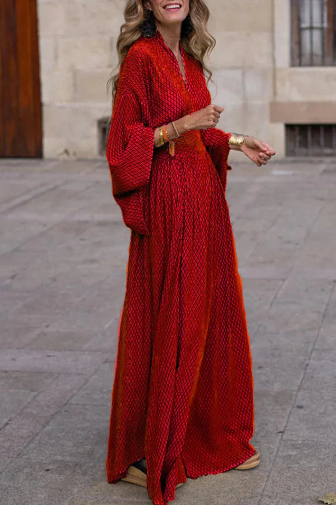 Maxi Jurk met Geometrische Print, V-Hals en Lange Mouwen
