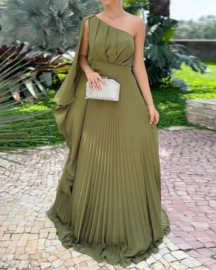 Stijlvolle One-Shoulder Geplisseerde Maxi Jurk