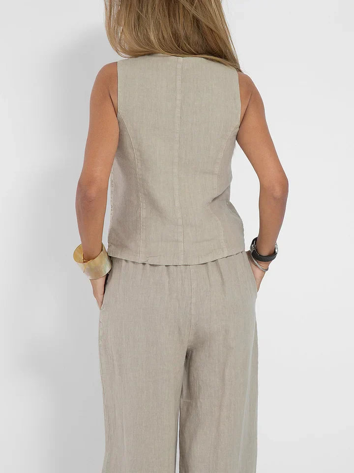 Elegante Linnen Set voor Dames – Gilet en Pantalon
