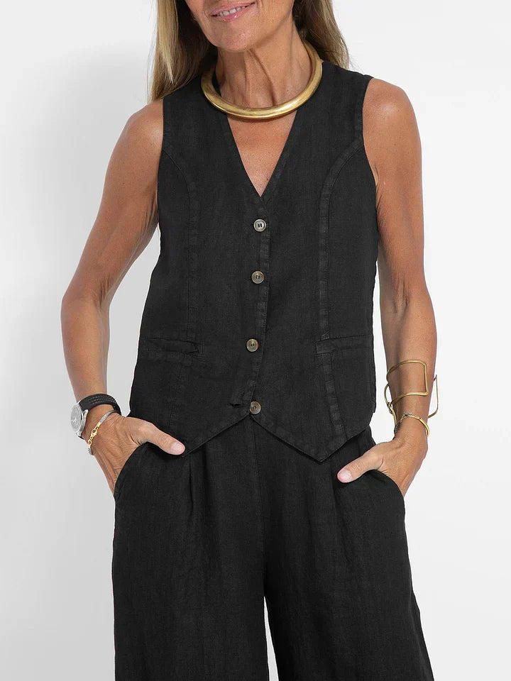 Elegante Linnen Set voor Dames – Gilet en Pantalon