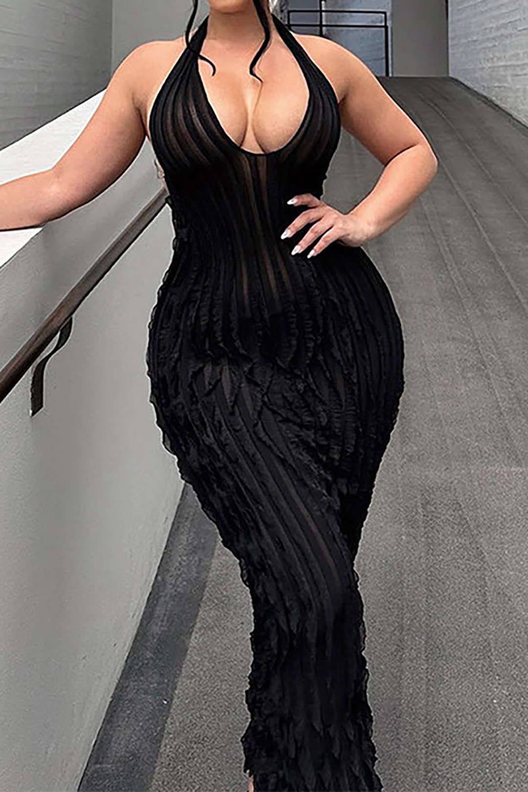Transparante Ruffle Rugloze Maxi Jurk