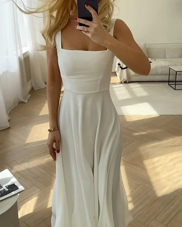 Elegante Zijde Chiffon Maxi Jurk met Vierkante Halslijn