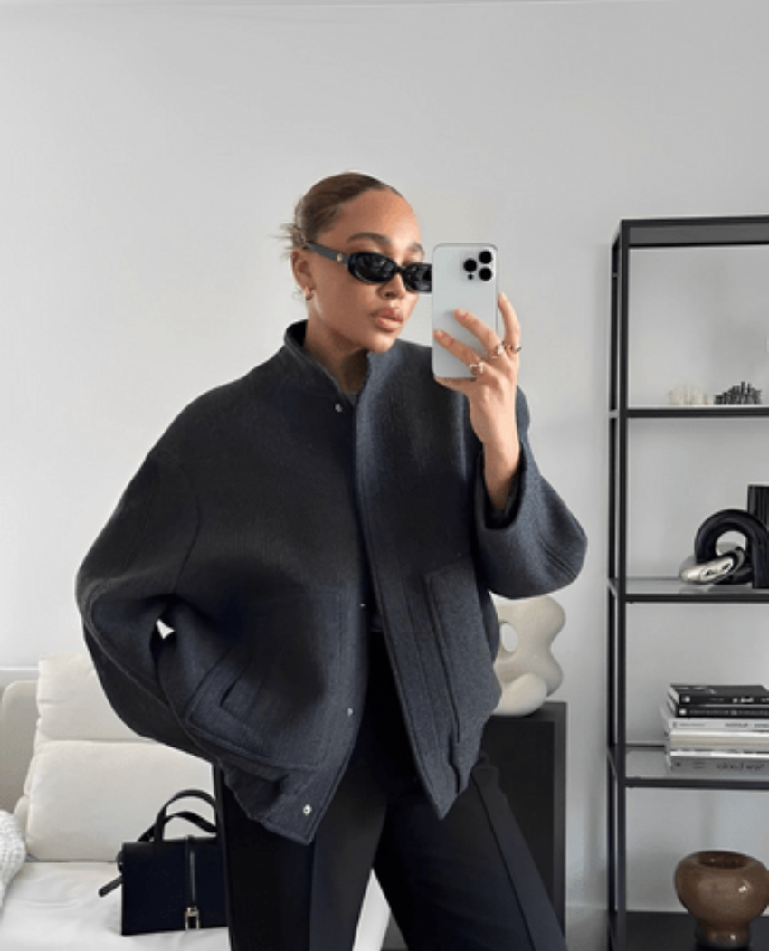 Olivia woolen oversized jacket | Thigh-length jacket with button closure at the front