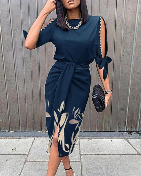 Parelversierde Knoop Midi Jurk met Botanische Print
