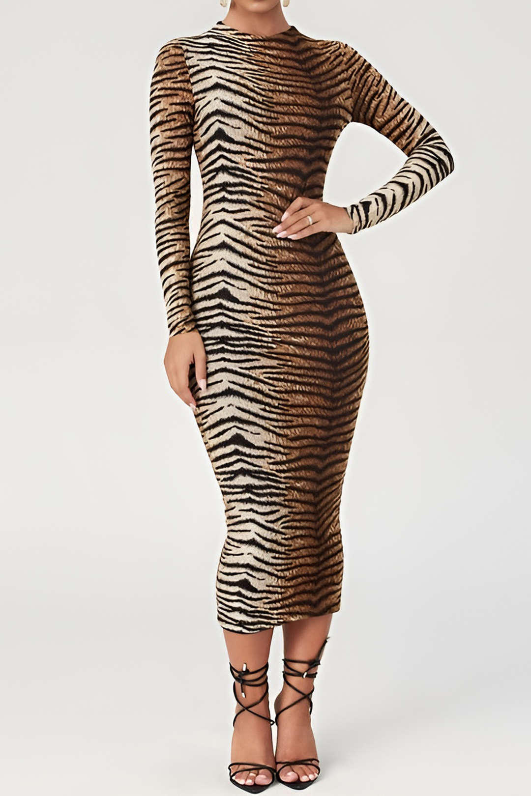 Leopard Print Lange Mouw Midi Jurk