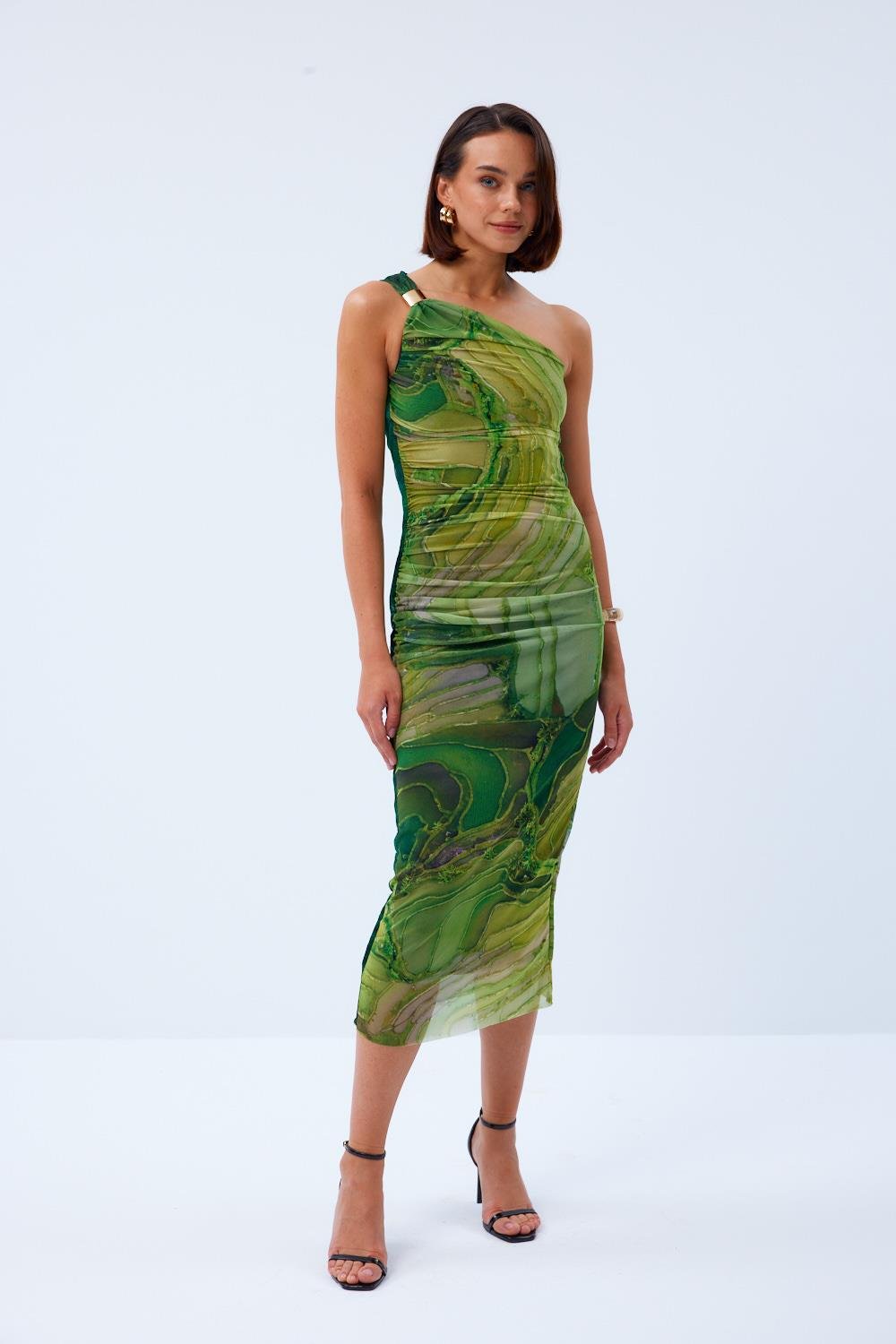 Khaki One-Shoulder Midi Tule Jurk met Drapedetail