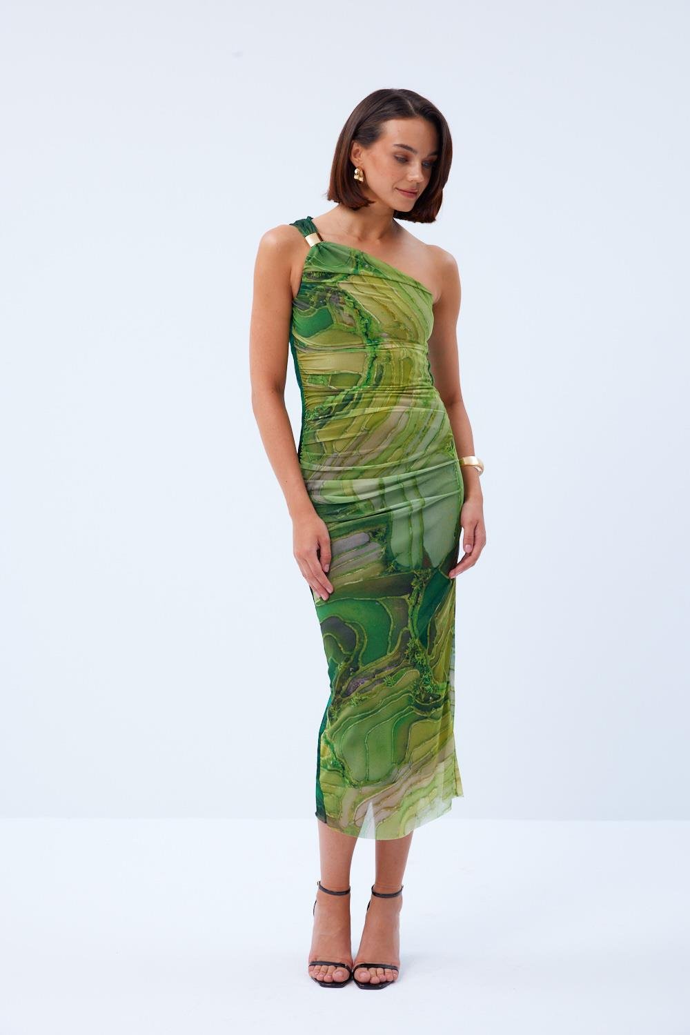 Khaki One-Shoulder Midi Tule Jurk met Drapedetail