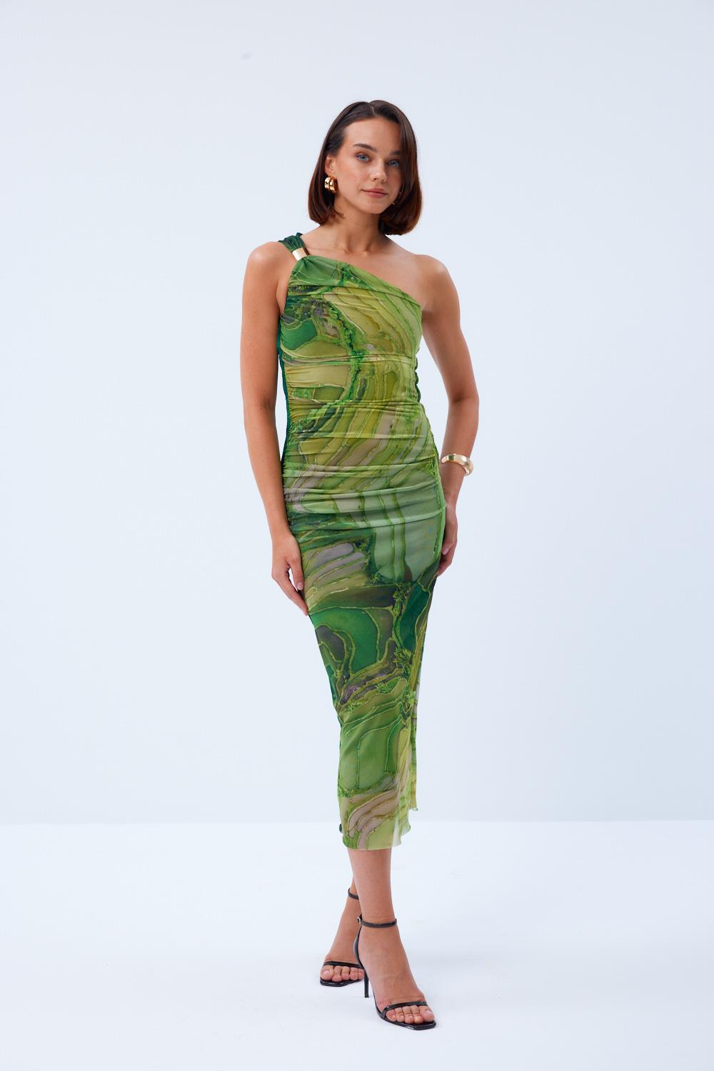 Khaki One-Shoulder Midi Tulle Jurk met Elegante Drapering
