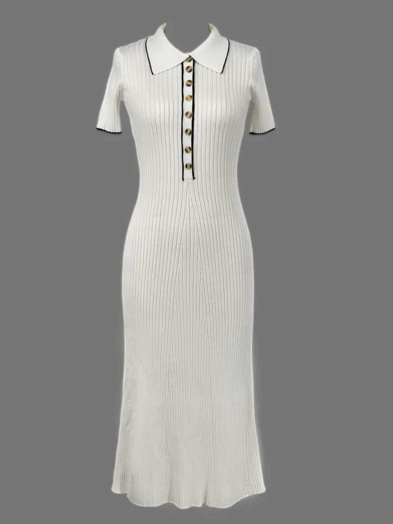 Stijlvolle Dames Maxi Jurk – Ribbelbrei, Col V-Hals, Korte Mouwen