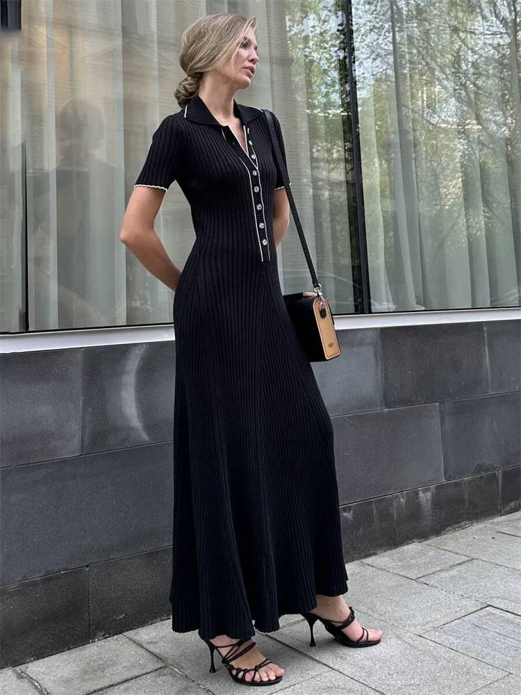 Stijlvolle Dames Maxi Jurk – Ribbelbrei, Col V-Hals, Korte Mouwen