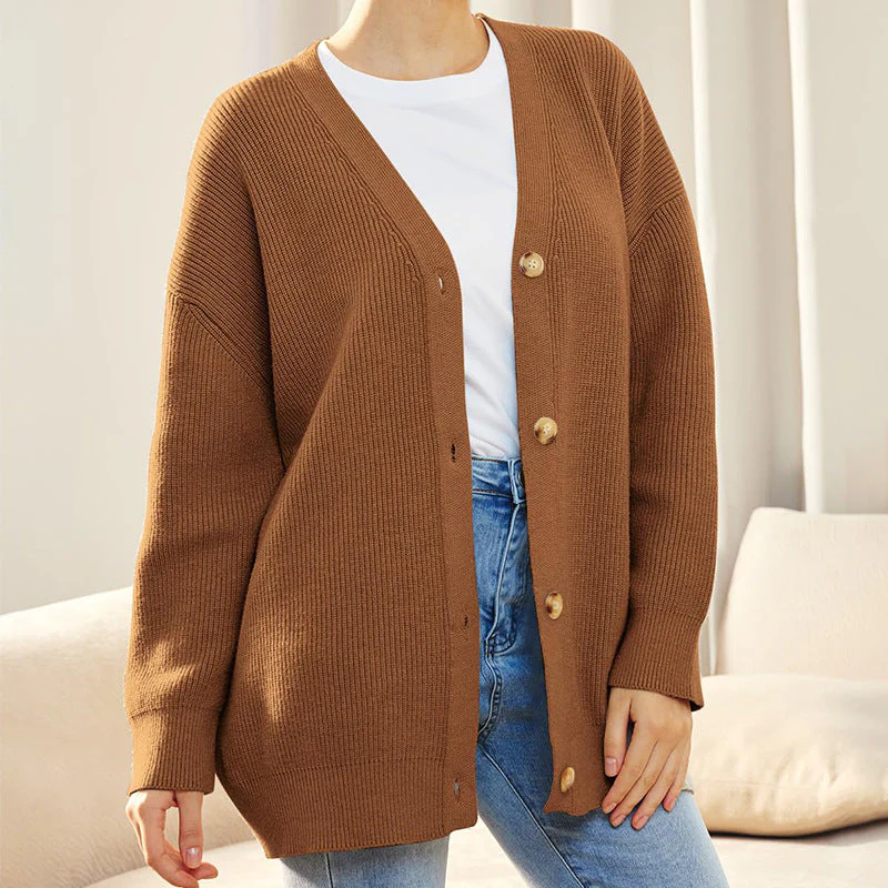 Dames Vest – Relaxed Fit – Wolmix – V-hals – Ribgebreid – Knoopsluiting – Lange Mouw