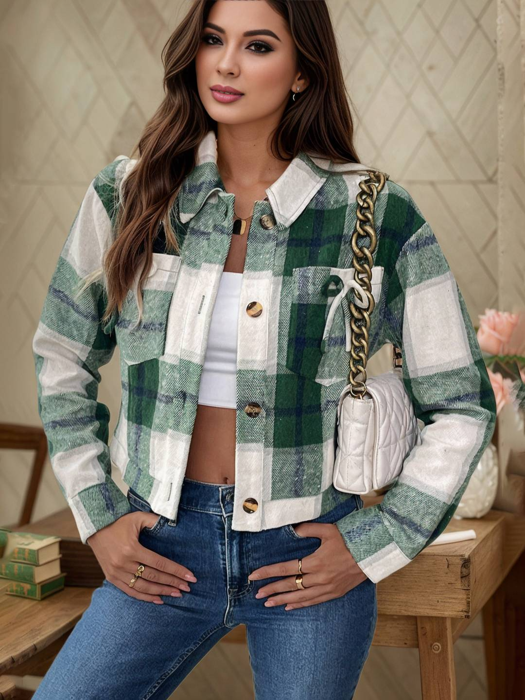 Dames cropped jack – Relaxed fit – Geruit – Puntkraag – Opgestikte zakken