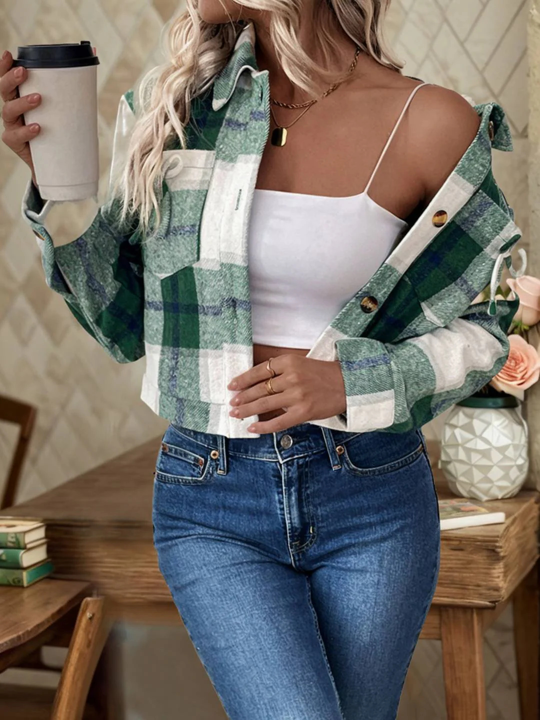 Dames cropped jack – Relaxed fit – Geruit – Puntkraag – Opgestikte zakken