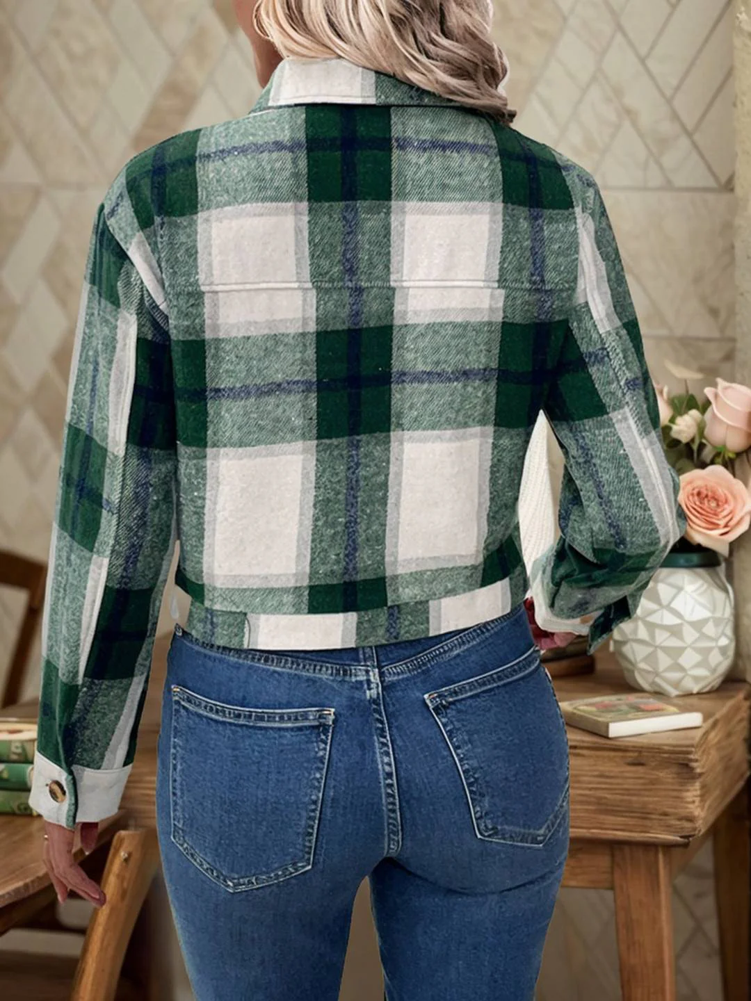 Dames cropped jack – Relaxed fit – Geruit – Puntkraag – Opgestikte zakken