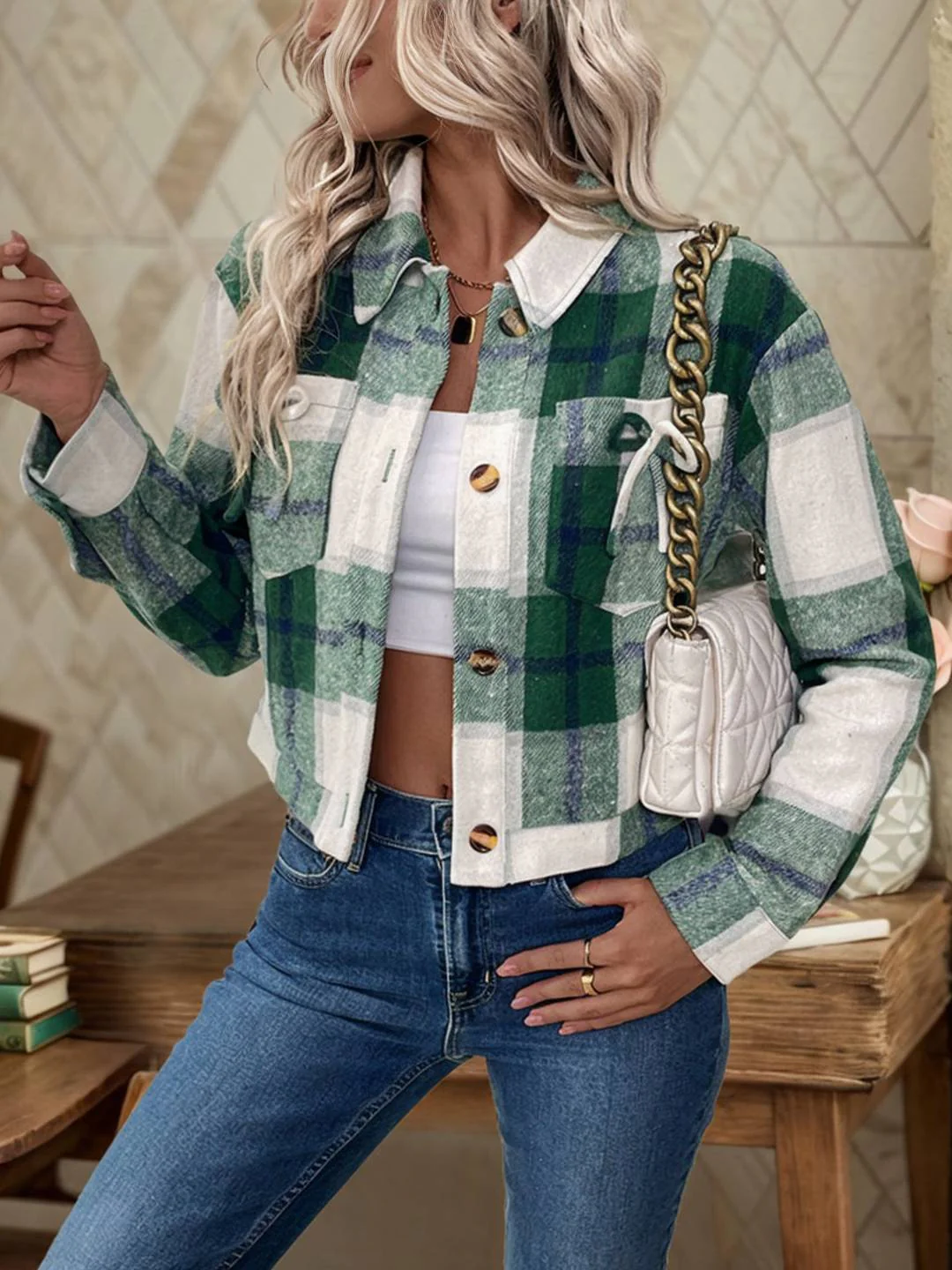 Dames cropped jack – Relaxed fit – Geruit – Puntkraag – Opgestikte zakken