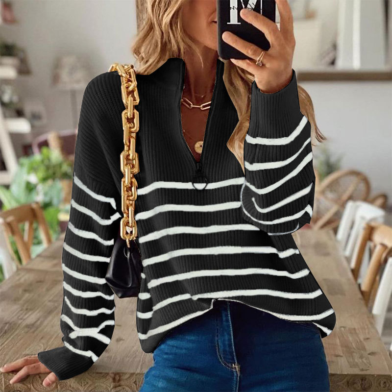 Dames Sweatshirt – Relaxte Pasvorm – Geribd Breisel – Halve Rits – Gestreept Ontwerp