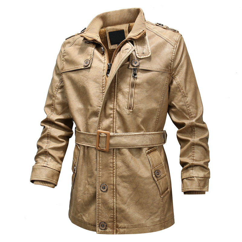 Heren trenchcoat – Regular fit – Lederlook – Asymmetrische rits – Riem – Geribde boorden
