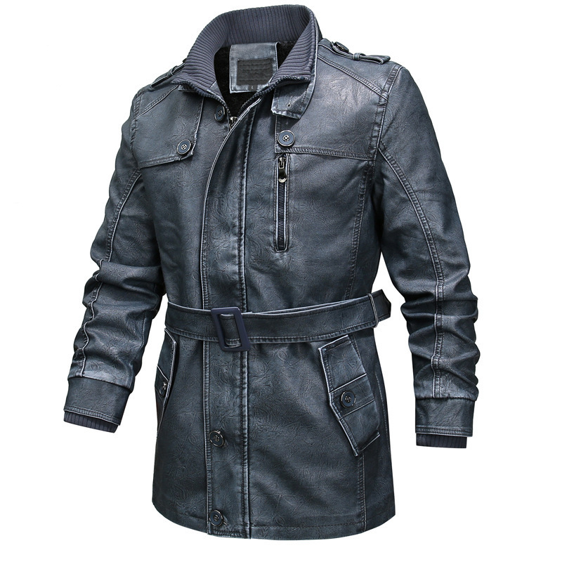 Heren trenchcoat – Regular fit – Lederlook – Asymmetrische rits – Riem – Geribde boorden